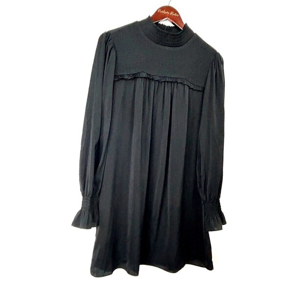 Elan Womens Size M Black Mini Dress Mock Neck Sheer Unlined Ruffle Smocked U4 - Picture 4 of 12